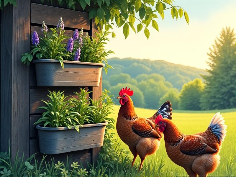 A tiered vertical herb garden attached to a chicken run, featuring silver-green sage, purple coneflowers, and feathery fennel fronds. Speckled Sussex hens stand on tiptoe to nibble herbs, with dewdrops glistening on leaves in golden hour light.