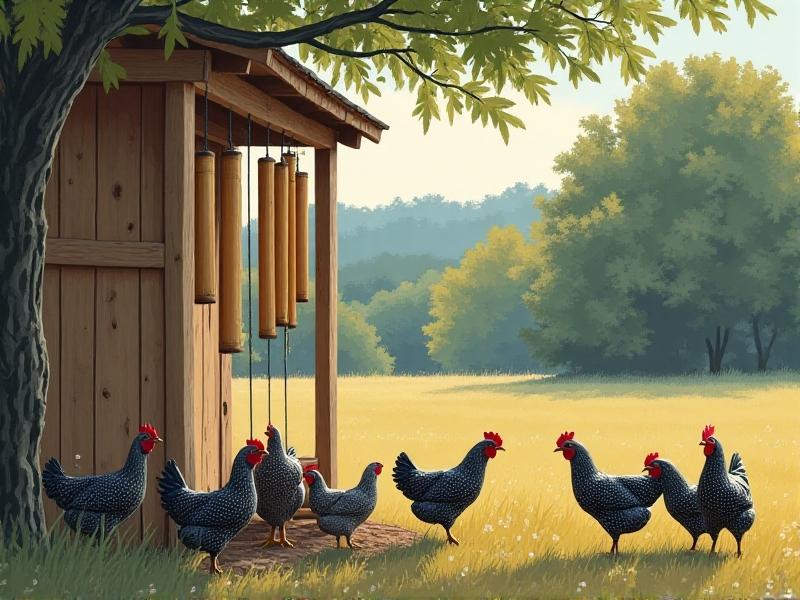 Bamboo wind chimes hanging from a cedar post beside a rustic chicken coop, their gentle clinking resonating in a breeze as speckled hens scratch the earth below, merging practicality with rustic charm.
