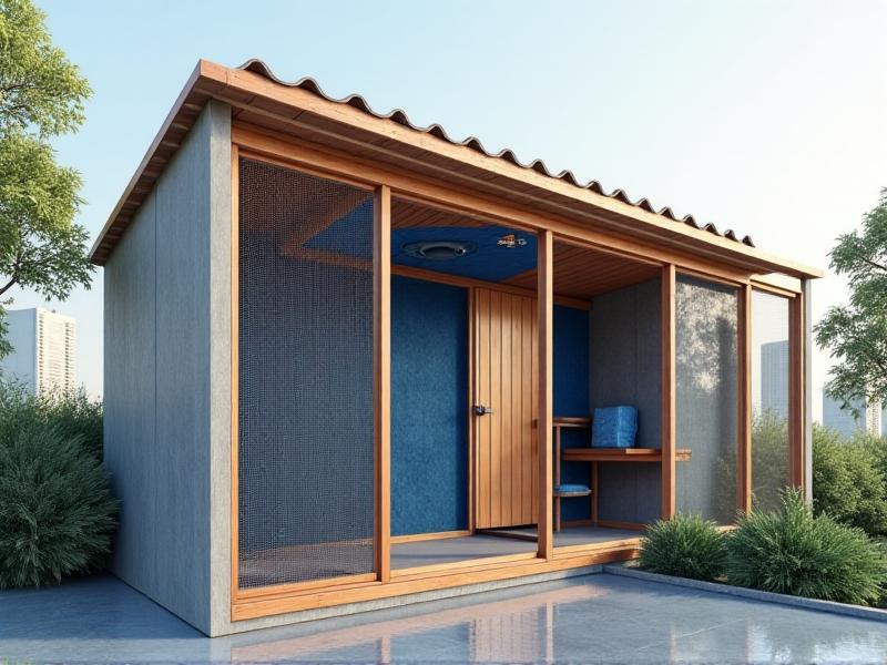 3D architectural cross-section of an urban chicken coop showing wind direction arrows flowing through lower wall louvers and exiting via roof ridge vents, with insulation layers highlighted in blue