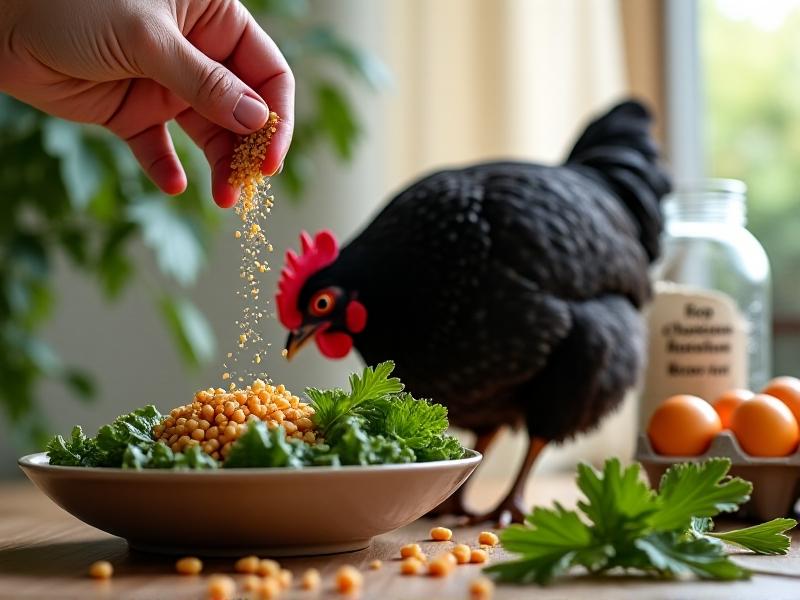 A hand sprinkling crushed oyster shells over a bowl of dark leafy greens and mealworms, with a black Australorp hen eagerly pecking. The background shows a glass jar labeled 'Calcium Reserve' next to organic egg cartons, emphasizing supplemental feeding strategies in small-scale settings.