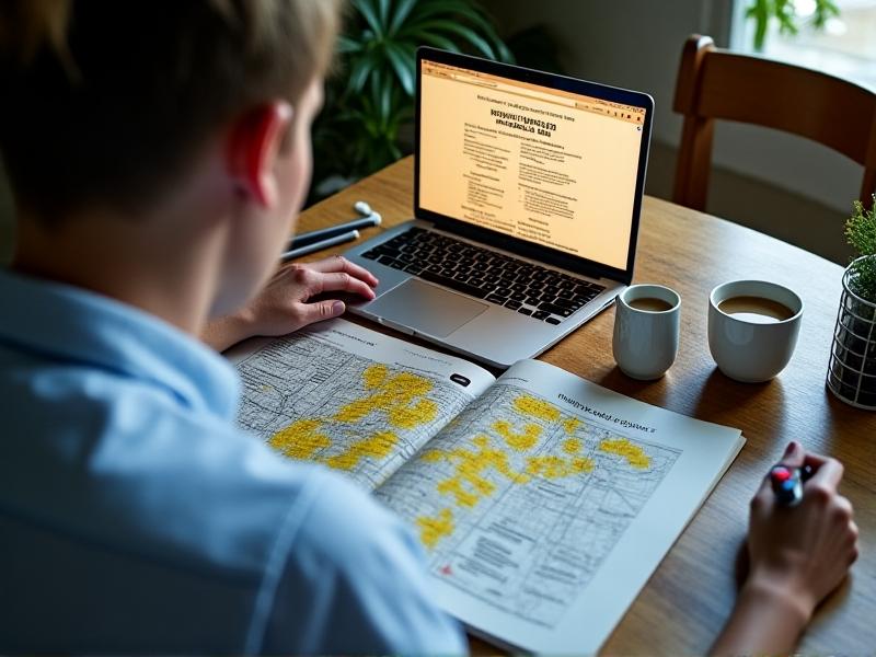 A person’s hands holding printed zoning regulations and a highlighted city map, with a laptop showing a municipal website in the background. Soft natural light from a nearby window illuminates the desk, which is cluttered with coffee cups and notebooks. The image conveys research and diligence in understanding urban livestock laws.