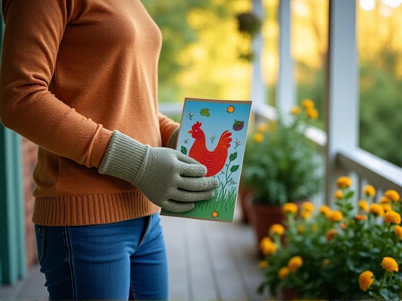 A person in gardening gloves handing an informational flyer about backyard chickens to a curious neighbor, with a cozy porch setting, flowering plants, and a chicken illustration on the flyer. Soft afternoon light, casual attire, and a friendly demeanor, symbolizing open dialogue and education.