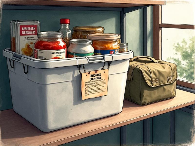 An open plastic storage bin filled with labeled supplies: freeze-dried mealworms, a first-aid kit, water purification tablets, and a folded portable chicken carrier. A handwritten checklist titled 'Chicken Emergency Plan' lies beside it. Soft natural lighting emphasizes organization and readiness. Keywords: poultry emergency kit, disaster preparedness, urban homesteading.