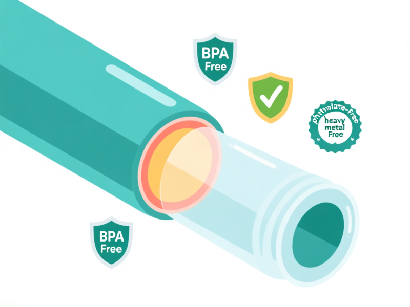 clean graphic illustration showing a cross-section of a plastic tube, tiny shield icons representing BPA-free, phthalate-free, and heavy-metal-free certifications floating around it, minimalist white background, vector style --ar 16:9