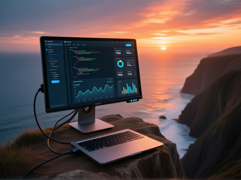 AI Image Prompt: digital nomad setup on a cliff edge overlooking the ocean, a portable 15.6-inch monitor connected to a laptop, screen showing a code editor and analytics dashboard, dramatic sunset lighting, screen glow on the user's face, sense of freedom and focused productivity --ar 16:9 --v 6.0