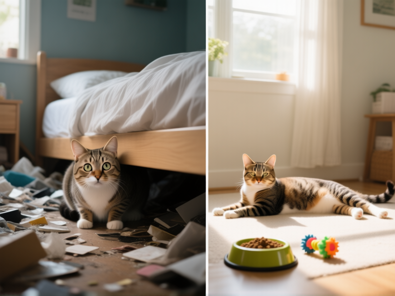 Split-screen image. Left: A wide-eyed, hunched cat hiding under a bed in a chaotic, messy room. Right: The same cat, relaxed and stretched out in a clean, sunlit room with a food bowl and toy in the same spot as yesterday, side-by-side comparison, mood contrast, photorealistic --ar 16:9