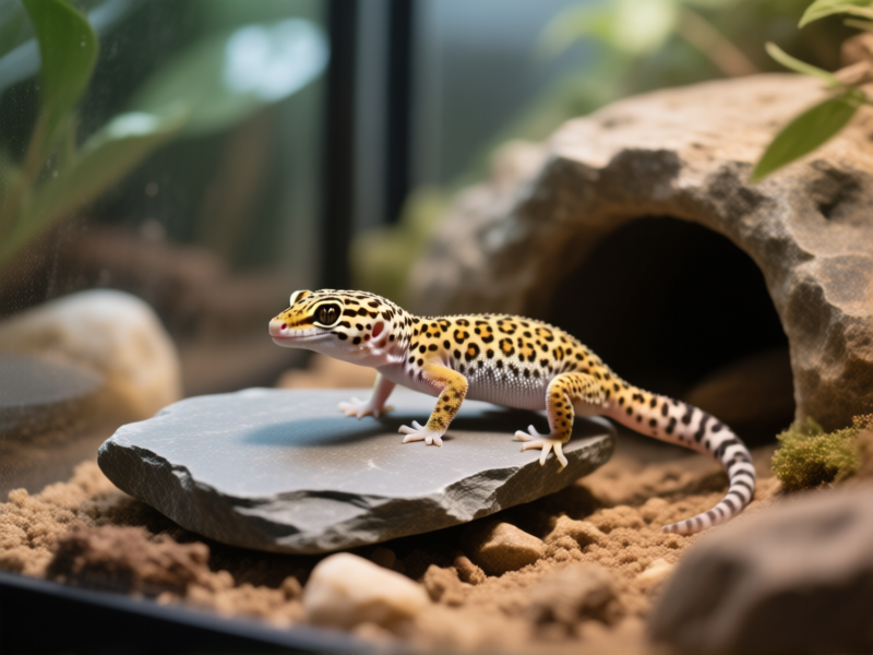 Midjourney Prompt: A leopard gecko hesitantly climbs over a newly introduced piece of smooth, flat slate rock leading to its favorite hide. The terrarium shows deliberate rearrangement of familiar items. Soft, dappled light, very textural, photorealistic. --ar 16:9