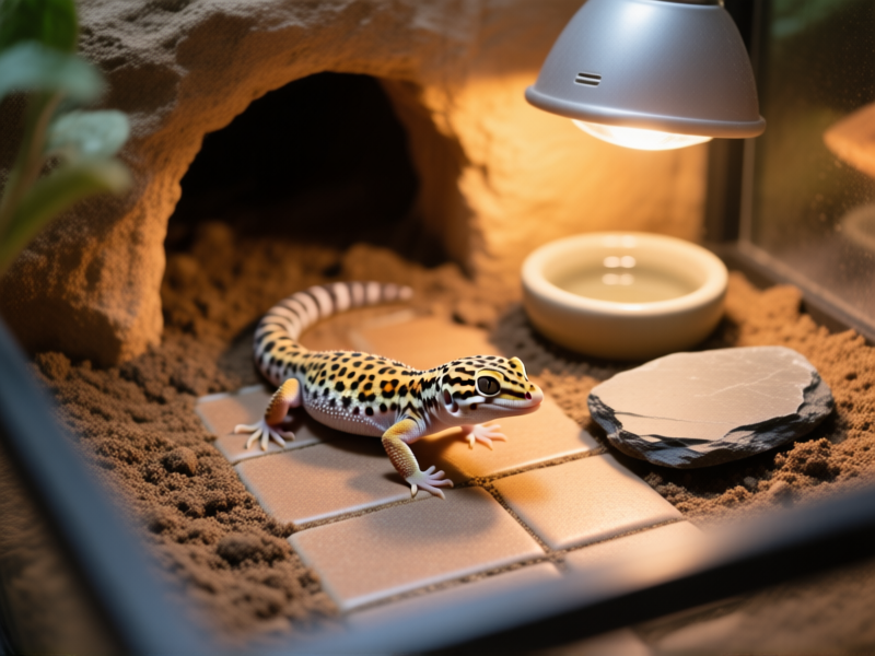 Stable Diffusion Prompt: Close-up, top-down view of a leopard gecko's enclosure floor. Texture of proper substrate (like textured tile or a soil/sand mix). A warm hide entrance, a shallow water dish, a flat piece of slate under a gentle heat lamp. Sense of exploration and grounded territory. Macro photography style, shallow depth of field.