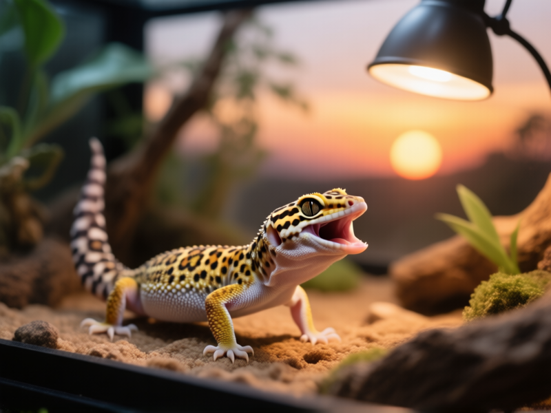 A beautiful leopard gecko in a naturalistic terrarium setup, caught mid-chirp. Soft, warm lighting from a simulated sunset lamp. The atmosphere is calm and content. Photorealistic, detailed scales, shot with a 50mm lens.