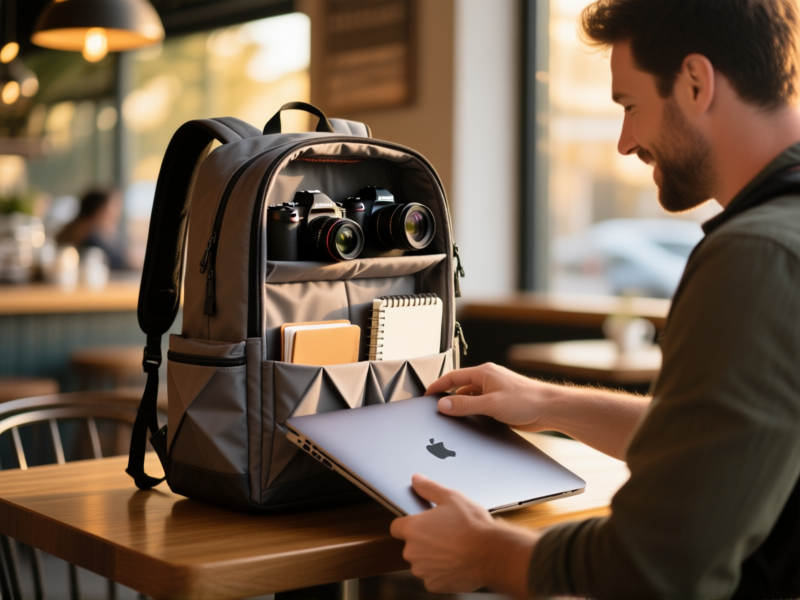 Midjourney Prompt: A man in a cafe, accessing the side-loading laptop compartment of a Peak Design Everyday Backpack 30L. The bag's signature origami-style dividers are visible inside, holding a camera, lens, and notebook. The scene is candid, dynamic, golden hour light. Photorealistic, lifestyle shot. --ar 4:3