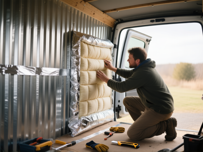Midjourney prompt: A person's hands installing sheets of thinsulate insulation into the ribbed metal walls of a van. DIY aesthetic, realistic detail on the foil backing and silver tape. Tools scattered around--utility knife, gloves. Soft daylight from open van doors. --ar 16:9