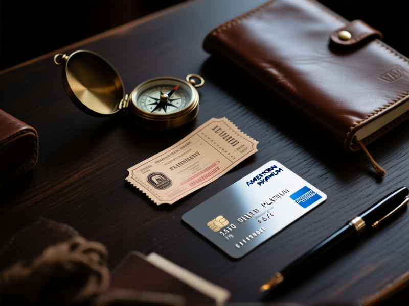A stylized flat lay on a dark wood table. A vintage-style train ticket sits next to a modern, shiny credit card (like an American Express Platinum). A compass, a leather journal, and a pen are artfully scattered around. Moody lighting, shallow depth of field, focus on the ticket. --ar 4:3 --v 6.0