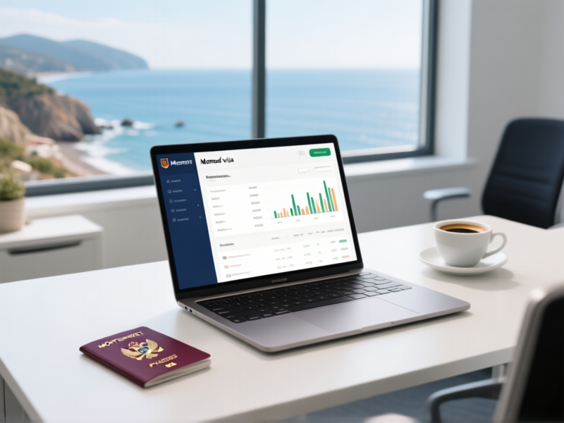 Montenegro nomad visa concept, a clean, modern desk with a Montenegrin passport, a sleek laptop displaying a financial statement, a cup of coffee, and a coastal view out a window, shallow depth of field, bright and airy office aesthetic, photorealistic.