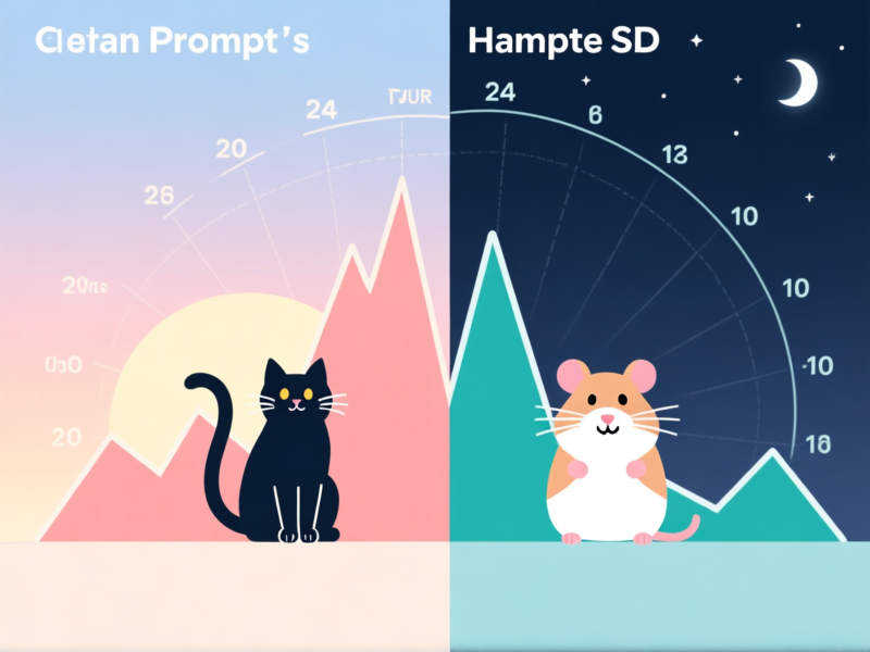 Midjourney/SD Prompt: A visually striking infographic-style illustration. One side shows a cat's 24-hour activity chart with peaks at dawn and dusk. The other shows a hamster's chart, a mirror image peaking at night. Clean lines, minimalist, on a pastel background.