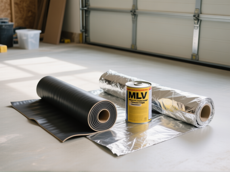 Midjourney prompt: A photo of affordable DIY materials laid out on a clean garage floor: a roll of butyl rubber sound deadening mats, a roll of Mass Loaded Vinyl (MLV), a can of expanding spray foam, and a roll of reflective foil insulation. Natural light, practical DIY vibe. --ar 16:9 --v 6.0