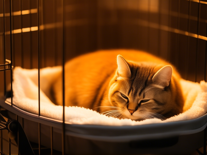 Midjourney prompt: A cat resting on a soft fleece liner in a cage or pet carrier, warm and inviting, detailed texture, cinematic lighting