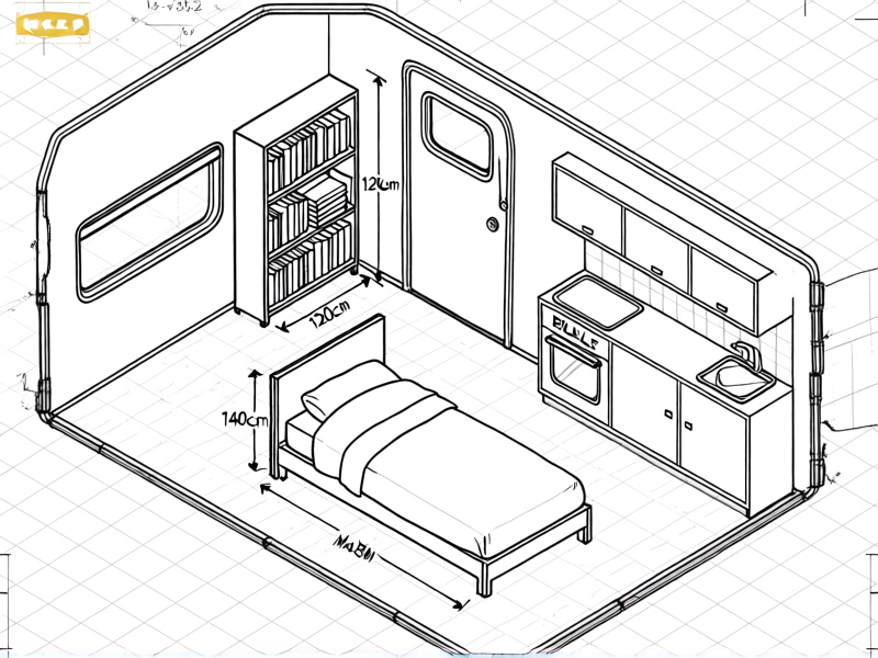 Midjourney Prompt: A detailed, top-down technical sketch style illustration on grid paper, showing a campervan floorplan. IKEA furniture outlines are overlaid with precise measurements: a 120cm BILLY bookcase against a wall, a 140cm MALM bed frame, and EKET cubes for the kitchenette. Blueprint aesthetic, pencil sketch, dimensions written in a clean font, overhead view, practical and planned --v 5.2