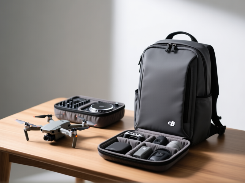 clean product shot, a sleek dark grey camera backpack on a wooden table, a DJI Mini drone and accessories organized neatly in padded dividers, minimal studio lighting, shallow depth of field, sharp focus, professional product photo style