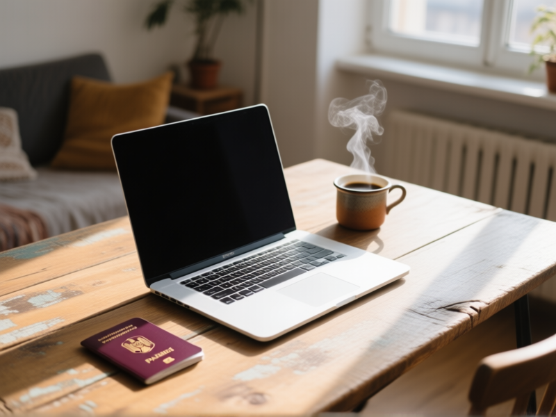 MINIMALIST DESKTOP SCENE. A Romanian passport and a sleek laptop are open on a worn wooden table in a sunlit, bohemian apartment in Bucharest. A small pot of coffee steams nearby. Shallow depth of field, clean lines, natural light. –ar 4:3