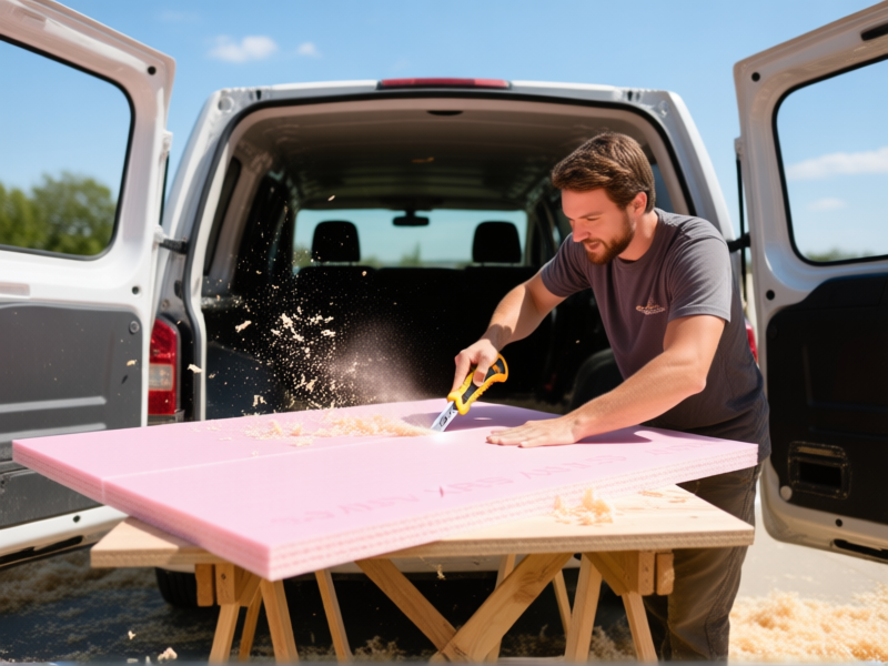 wide-angle shot, someone expertly cutting a large sheet of pink XPS foam board with a utility knife on a makeshift table, fit perfectly between van ribs, sawdust in the air, sunny day --ar 16:9