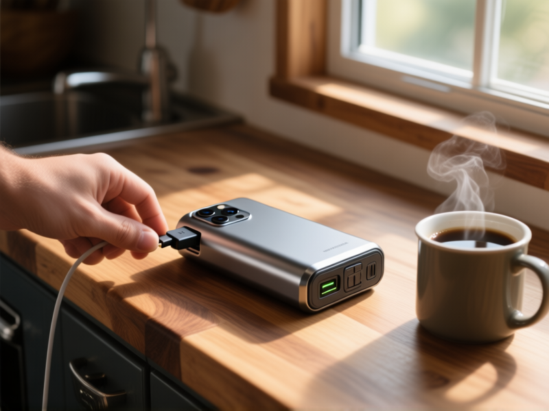 Midjourney/SD Prompt: An extreme close-up of a hand plugging a modern, sleek smartphone into a large, robust portable power bank. The power bank sits on a wooden van counter next to a steaming mug of coffee, sunlight streaming in through a small window. Cinematic, detailed, focus on texture of wood and metal. --ar 4:3 --style raw