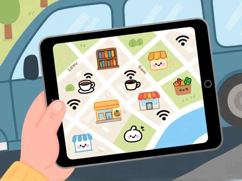 A detailed, stylized map illustration on a tablet screen, held by a hand in a van. The map is covered in cute, hand-drawn icons for libraries, cafes, and grocery stores with little WiFi symbols. Style: friendly, informative graphic, top-down view. --ar 16:9
