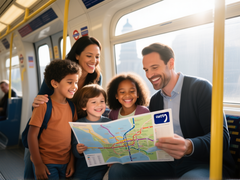 AI Image Prompt: A happy, diverse family of four on a clean London Underground Tube carriage. The kids, slightly tired but smiling, are looking at a colourful tube map. One parent has an Oyster card in hand. Morning sunlight streams through the windows. Cinematic, candid moment. --ar 16:9