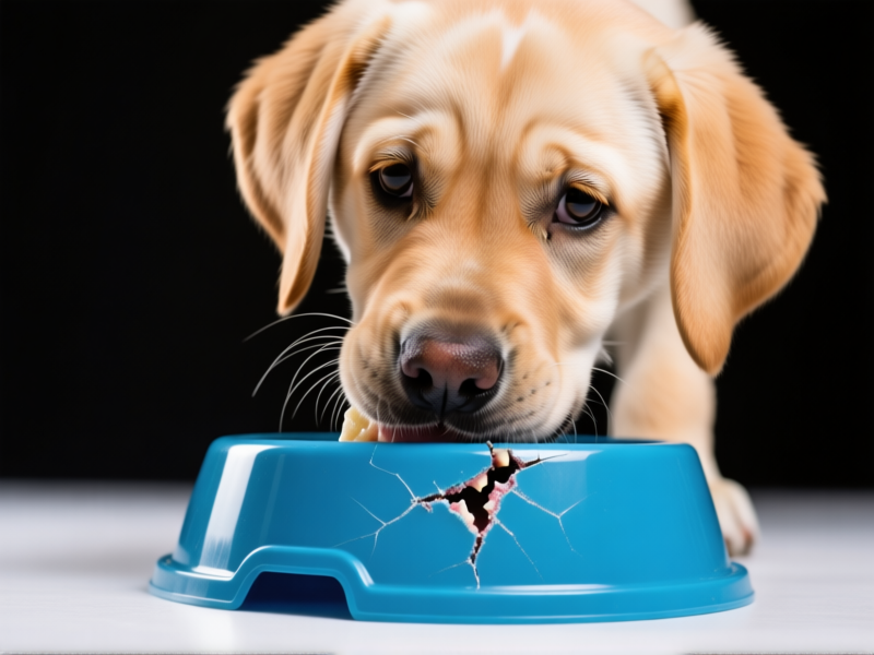 A concerned-looking Labrador puppy gently chewing on the corner of a thick plastic food bowl, extreme macro close-up showing tooth marks and potential stress fractures, studio lighting, realistic textures