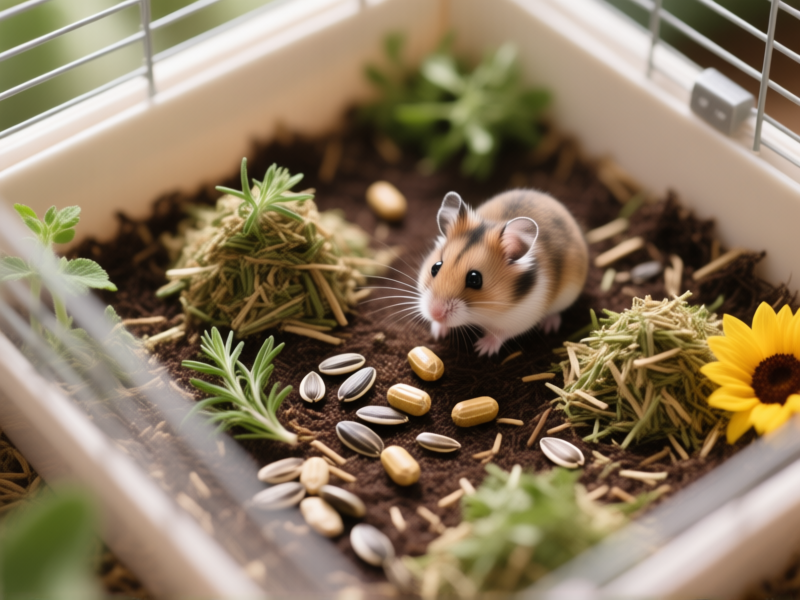 Midjourney prompt: Top-down, illustrative view of a secure hamster enclosure. Tiny piles of hamster-safe herbs, a few pellets, and sunflower seeds are artfully scattered across a deep layer of natural bedding, creating a mini foraging landscape. Soft, diffused lighting, macro photography style