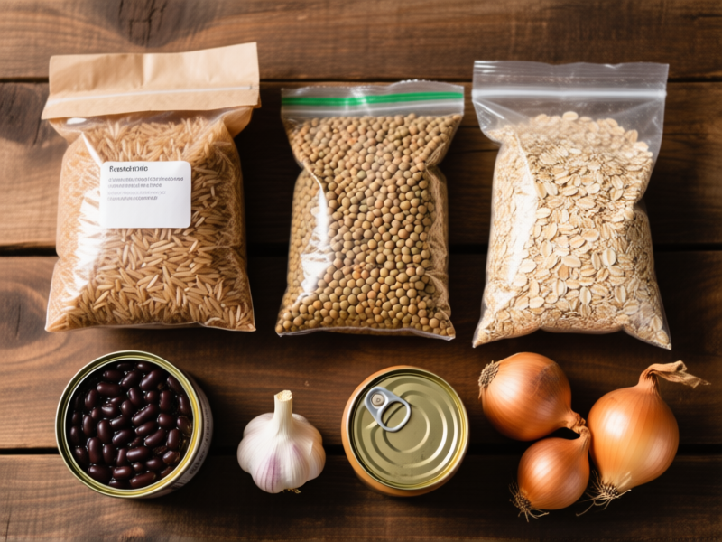 A flat lay, top-down photo of cheap, non-perishable van life food staples on a wooden surface. Includes a bag of brown rice, a bag of lentils, a bag of oats, a can of black beans, a can of tuna, a jar of peanut butter, a bulb of garlic, and a few onions. Rustic, practical, textural.
