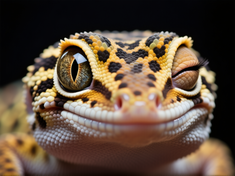 Midjourney Prompt: Extreme close-up of a leopard gecko's face. One eye is wide, clear, and alert, the pupil normal. The other eye is tightly closed in a dramatic wink. Studio lighting, hyper-detailed scales, shallow depth of field. Cinematic, photorealistic. --ar 1:1 --v 6.0