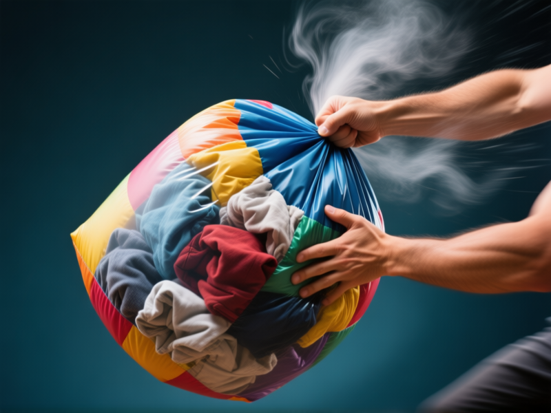 Midjourney prompt: A hand quickly compressing air from a large, colorful compression sack filled with puffy clothes. Dramatic action shot, fabric crunching visible, dynamic motion blur on the hands. --ar 16:9 --style raw