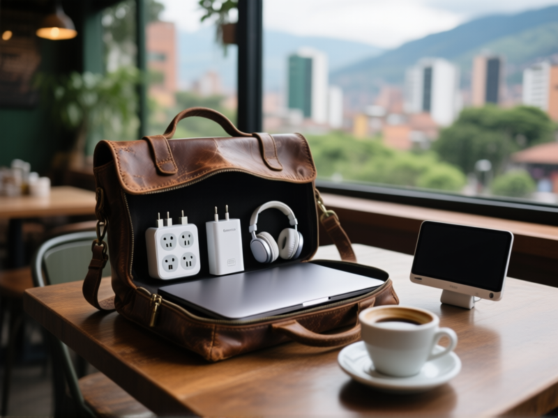 AI Image Prompt, Dramatic Product Shot: A weathered leather satchel open on a cafe table in Medellin. Inside, a sleek laptop, universal power adapter with multiple plug types, a power bank, noise-cancelling earbuds, and a thin portable monitor. Coffee cup in the foreground, blurred cityscape and greenery out the window. --ar 16:9