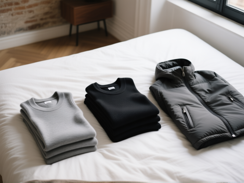 Midjourney prompt: A minimalist flat lay on a bed in a cozy European loft. Three distinct piles: 1) Two thin merino wool base layers. 2) Two mid-layer fleeces or thin sweaters (one grey, one black). 3) One versatile softshell or insulated jacket. Shot from above, soft natural light, textural focus on fabrics.