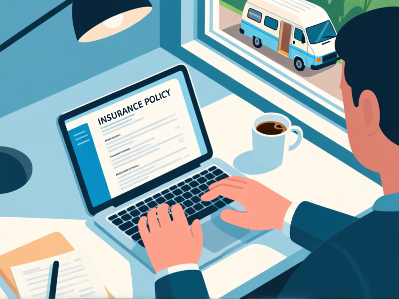 A top-down desk view, a laptop screen showing confusing insurance policy documents, a half-drunk coffee cup, frustrated hands on the keyboard, a window showing a converted van outside. Clean, illustrative, modern digital art style.