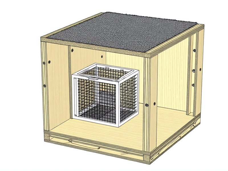 Close-up, detailed cross-section view of a hollow plywood platform. The construction shows sturdy 1x2 wooden supports forming a open-top box, screwed together. Inside, a compact, square rodent cage fits perfectly, with a ventilation panel on the side. The cat tree's carpeting is visible on the top surface. Sharp focus, blueprint style.