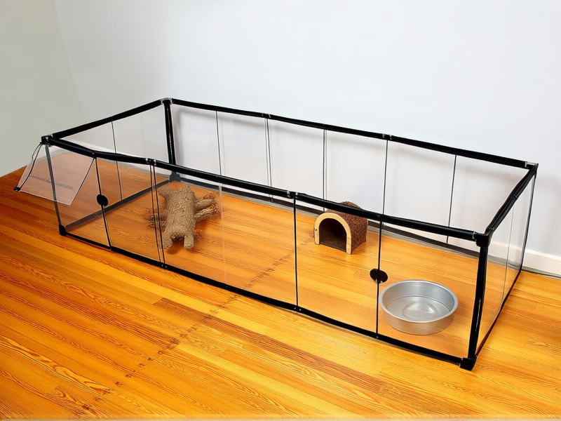 A secure, transparent reptile playpen set up on a wooden floor, featuring a small hide, a shallow water dish, and a textured climbing branch against a plain background, top-down view, clean and safe aesthetic.