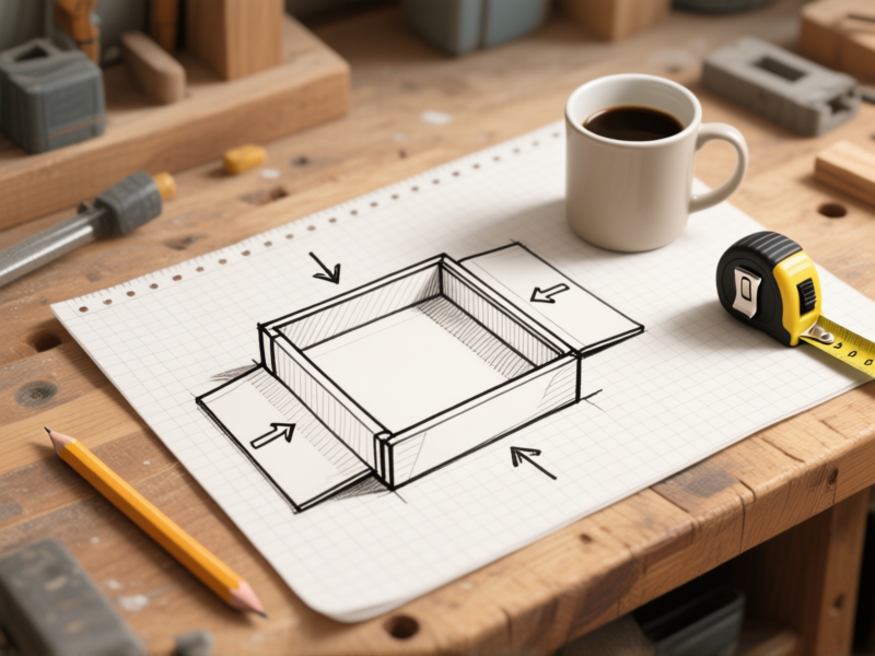 Midjourney Prompt: Hand-drawn style sketch on graph paper, over a wooden workbench. The sketch shows a simple rectangular box frame with arrows indicating flipping panels and sliding parts. Coffee mug and a tape measure beside it. Pencil drawing aesthetic, focused, practical --ar 4:3