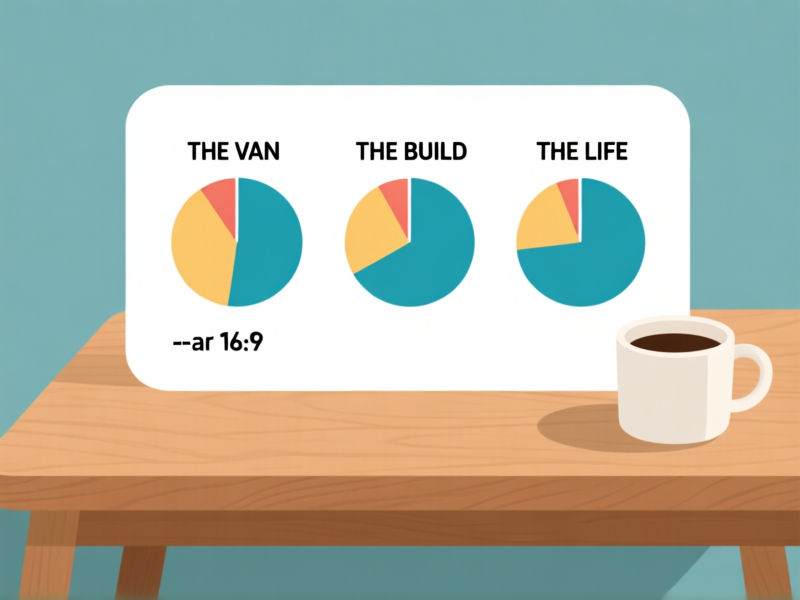 A simple, clean infographic split into three pie charts labeled: THE VAN, THE BUILD, THE LIFE. On a wooden table next to a coffee mug. Flat lay style. --ar 16:9