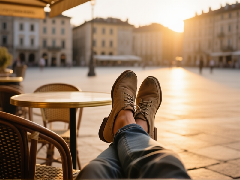 Midjourney Prompt: A lone traveler's feet propped up on a cafe chair in a European piazza at golden hour. The shoes are simple, worn-in, and elegant. Focus on the relaxed posture of the feet. Leica M-series photography style, warm tones, shallow depth of field.