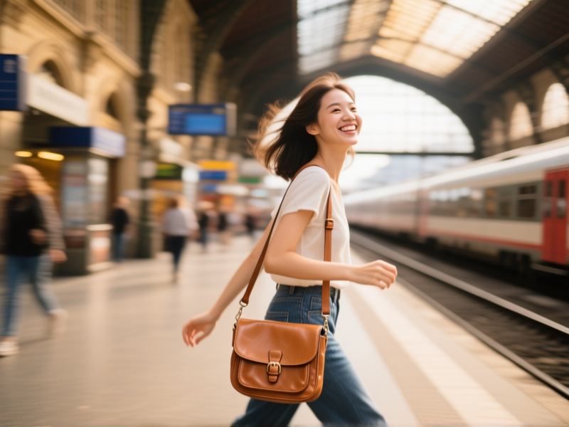 A dynamic, candid street photography shot: A young woman smiles, walking confidently through a vibrant European train station, a small tan leather satchel slung over one shoulder. She's not weighed down, her hands are free, she looks agile and present. Style: Candid moment, warm tones, slight motion blur in the background. --ar 4:3 --v 6.0