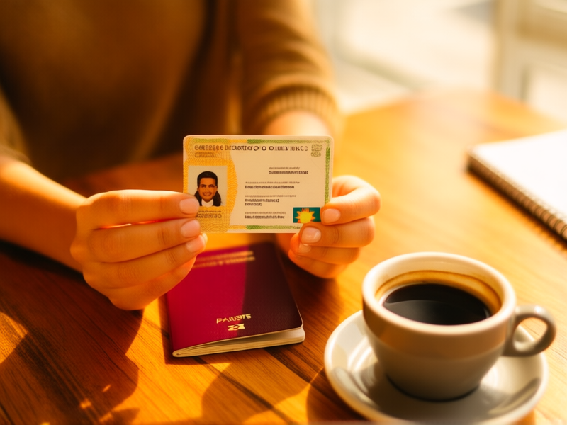 Cosy, warm-toned photo of a person's hands holding a Portuguese residency card (Cartão de Residência) and a passport on a wooden table, next to a coffee and a notebook. Soft morning light.