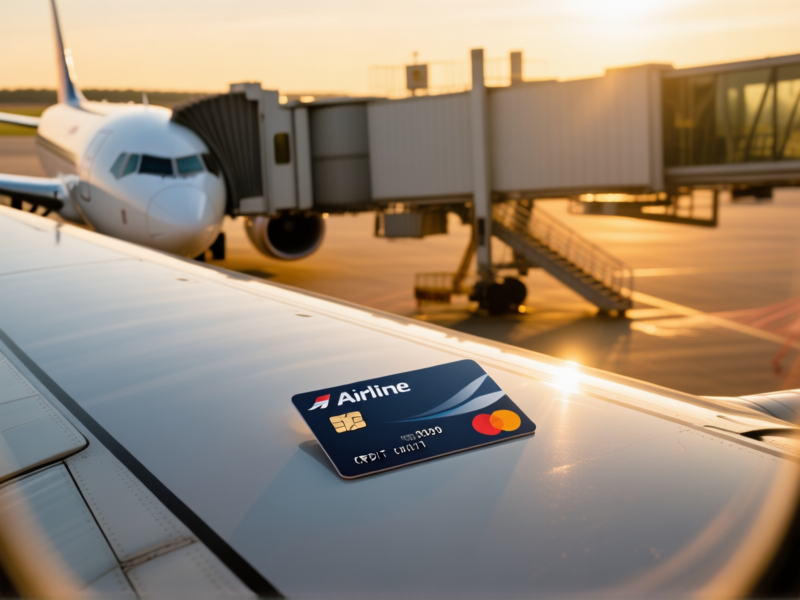 Close-up, detailed shot of an airline-branded credit card resting on a glossy airplane wing. In the background, a jet bridge connects to a plane. Warm, golden hour lighting. cinematic lighting, hyperrealistic --ar 4:3