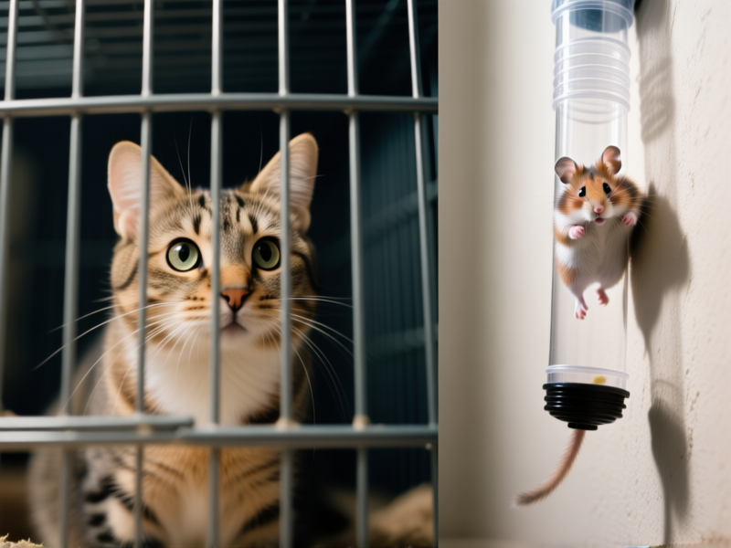 Stable Diffusion prompt: Split-screen image. On the left, a curious cat watches a hamster through cage bars. On the right, a hamster runs through a clear tube high up on the wall, looking down at the cat below. Cinematic, sharp focus, contrasting moods of predator and prey --ar 16:9