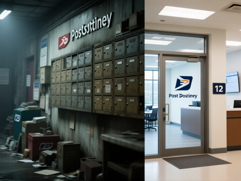 Midjourney prompt: side-by-side visual contrast. Left side: a gloomy, cluttered post office wall of dingy PO Boxes. Right side: a bright, clean lobby entrance of a modern co-working or business center with a professional logo and address numbers clearly visible on the glass door. Photorealistic, detailed textures, split-frame composition. --ar 16:9