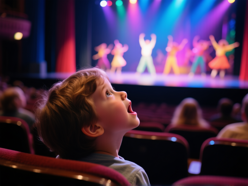 Midjourney prompt: A close-up photo from a Broadway audience perspective, a child's amazed expression in soft light, looking up at a stage glowing with brilliant color and dynamic performers, blurry out of focus foreground, sense of wonder and awe.
