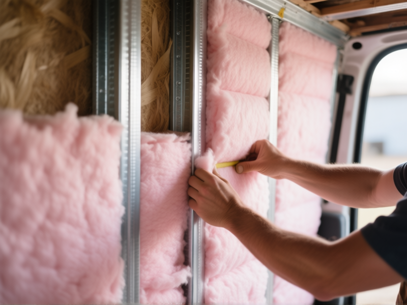 AI Image Prompt: Close-up, hands installing fluffy pink fiberglass batts between van wall ribs. The contrast between the raw steel and the insulating material. Texture detail, realistic workshop setting, natural light. --ar 4:3