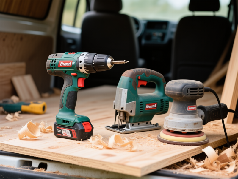 A well-used cordless drill, a jigsaw, and a random orbit sander sitting on a piece of plywood inside a van. Wood shavings and sawdust around them. Realistic textures, shallow depth of field, tool brand logos slightly visible.