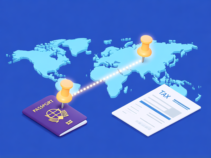 Conceptual illustration, a stylized world map with two glowing pins connected by a dotted line. One pin is on a passport, the other on a tax form. 3D render, clean, infographic style, isometric view --ar 16:9