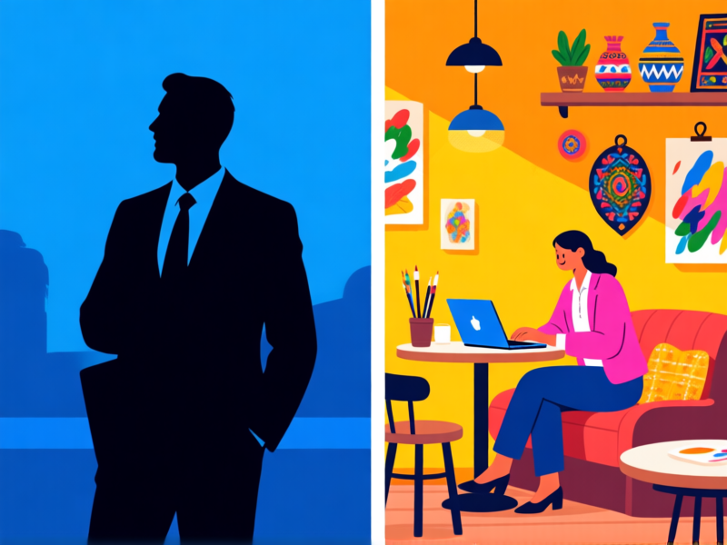 Stable Diffusion Prompt: Split-screen image, left side shows generic corporate business person silhouette, right side shows a vibrant artist/entrepreneur in a cozy cafe with a laptop and local artifacts, digital illustration, bold contrasting colors. --ar 16:9